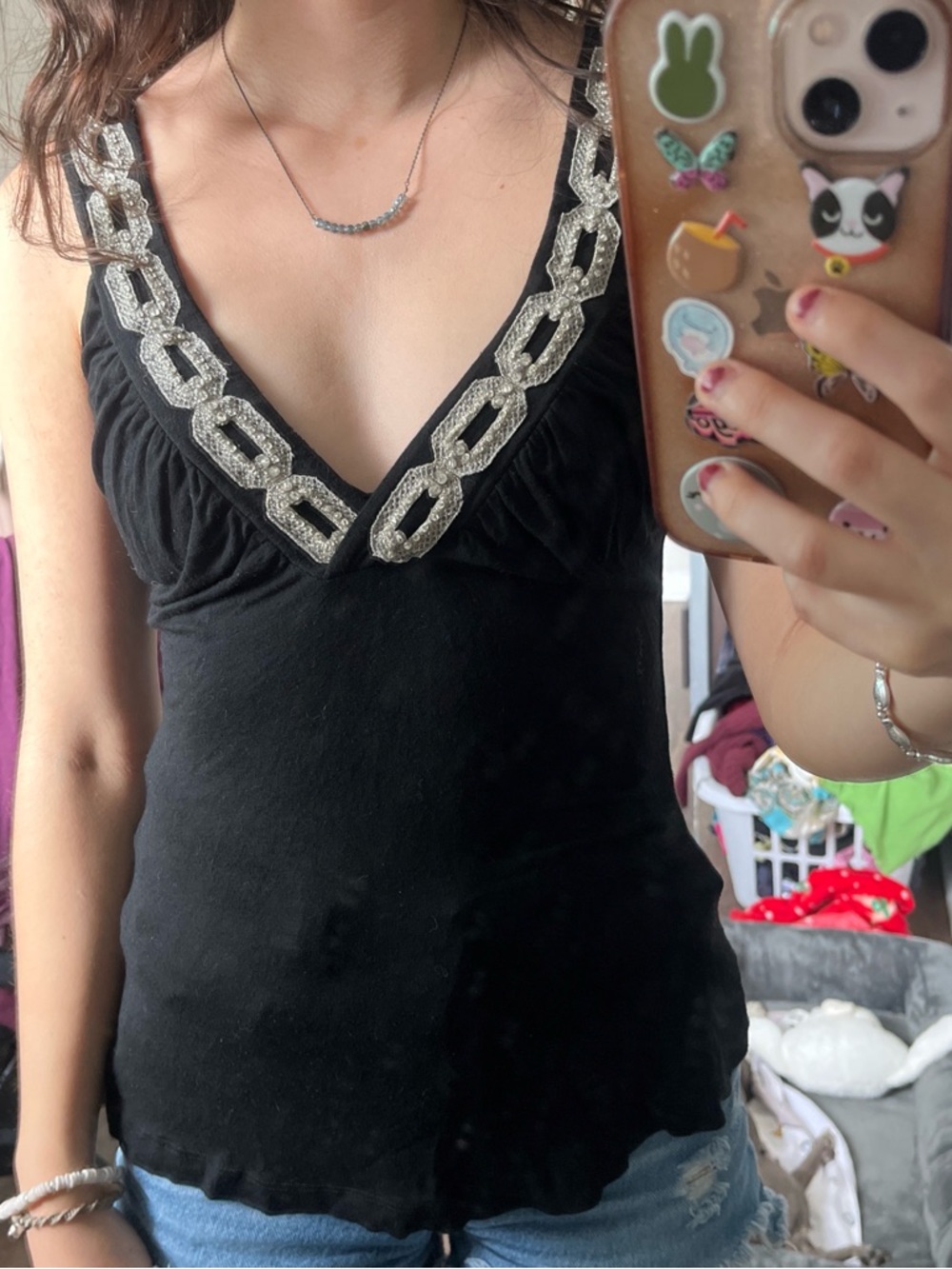 American Vintage Black Tank Top with Silver Beaded Trim